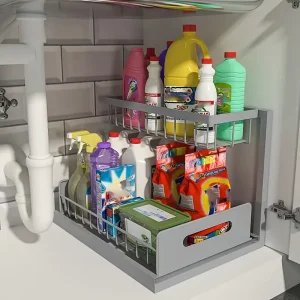 2 Tier Under Sink Organizer, Pull Out Cabinet Shelf, Metal Storage Rack