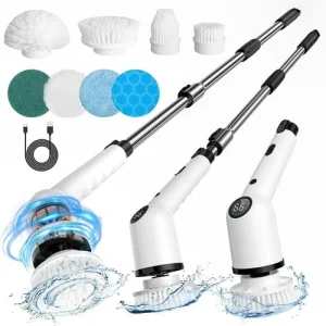 Electric Spin Scrubber with Long Handle, Cordless Bathroom Scrubber, 8 Replaceme