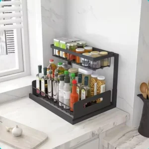Double Layer Sliding Under Sink Storage Rack Heavy Duty Carbon Steel Organizer