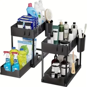 2 Tier Under Sink Organizer Sliding Cabinet Storage Rack with Hooks Black White